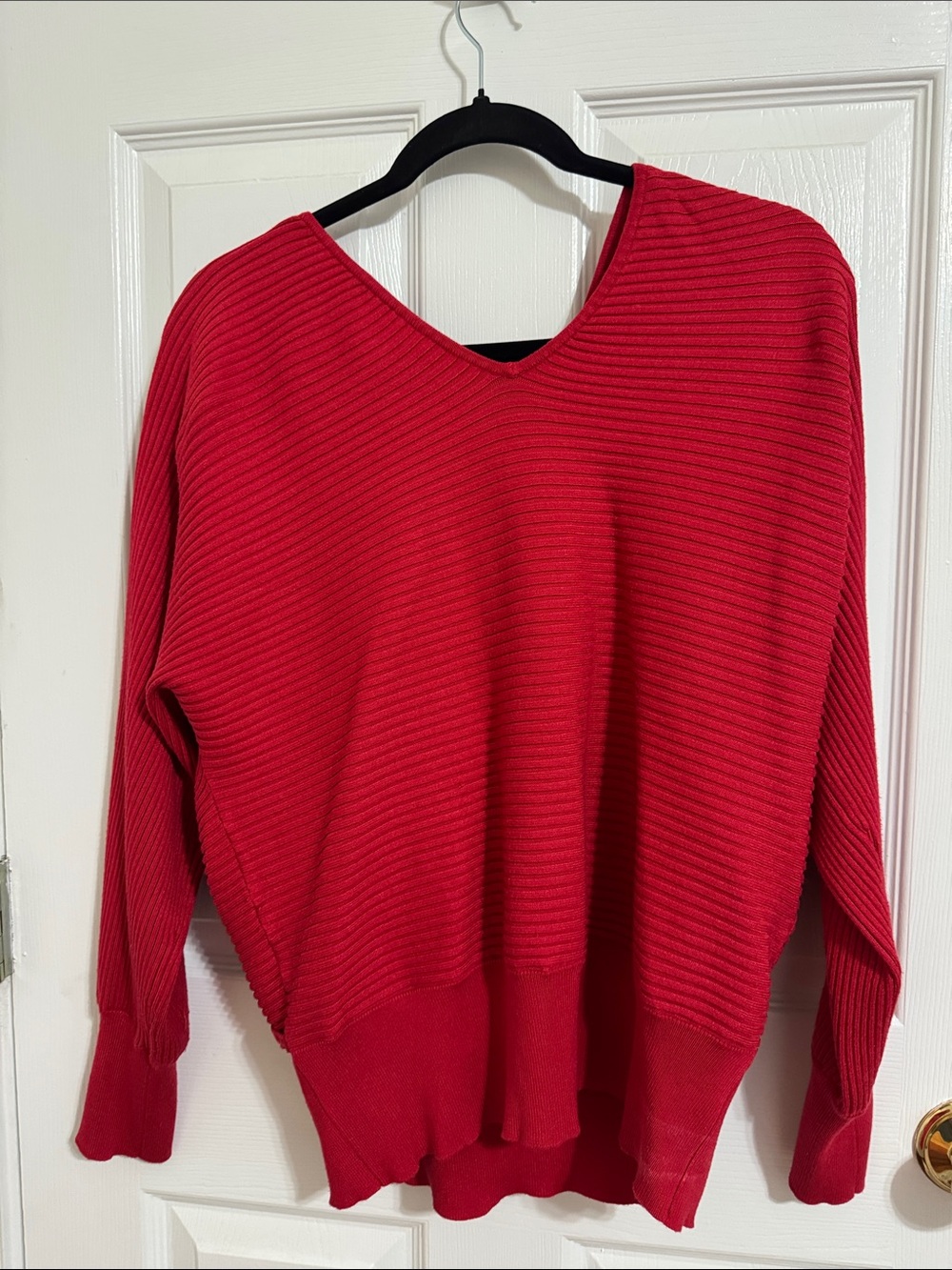 Women's Red Ribbed V-Neck Sweater